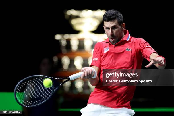Novak Djokovic of Serbia in action during the Quarter-Final match against Cameron Norrie of Great Britain in the Davis Cup Finals at Palacio de...