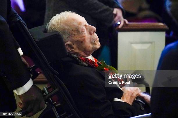 Former President Jimmy Carter arrives for the funeral service for his wife, former first lady Rosalynn Carter at Maranatha Baptist Church on November...