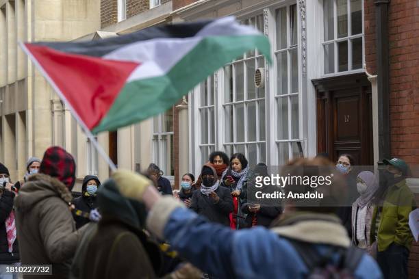 People protest against the real estate and consultancy firm called the 'Fisher German' for cooperating with the Israeli arms company Elbit Systems,...