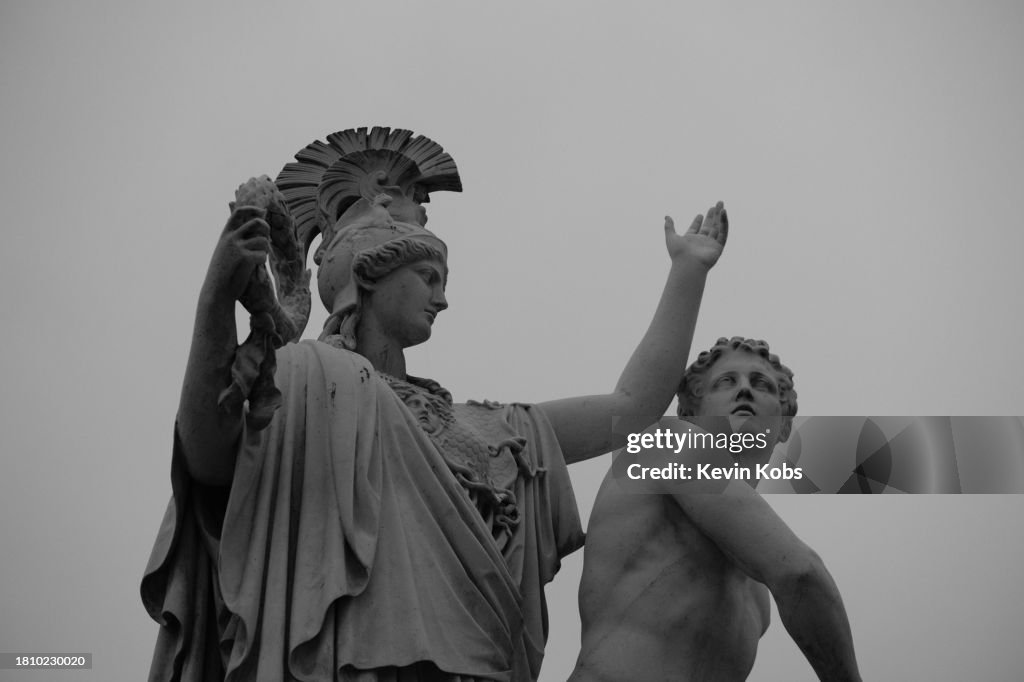 Sculpture "The young man is led into new battle by Athena" from 1853 by sculptor Albert Wolff at Schlossbrücke in Berlin, Germany.