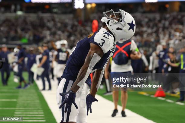 Brandin Cooks of the Dallas Cowboys celebrates after a touchdown in the game against the Washington Commanders during the second quarter at AT&T...