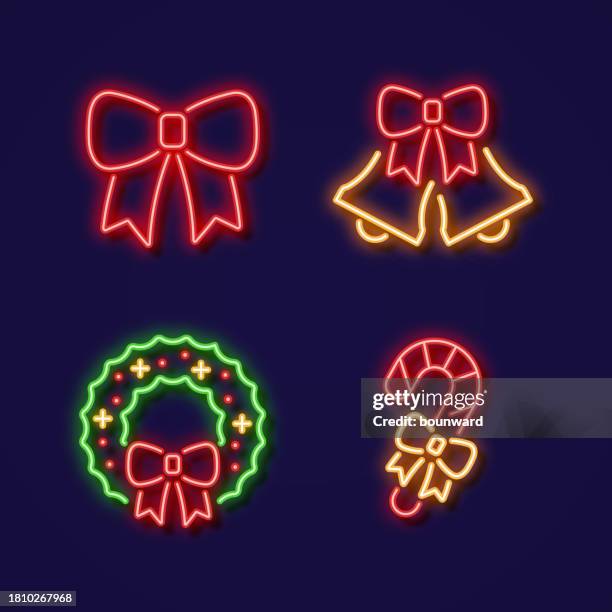 neon objects with tied bow icon set - string lights isolated stock illustrations