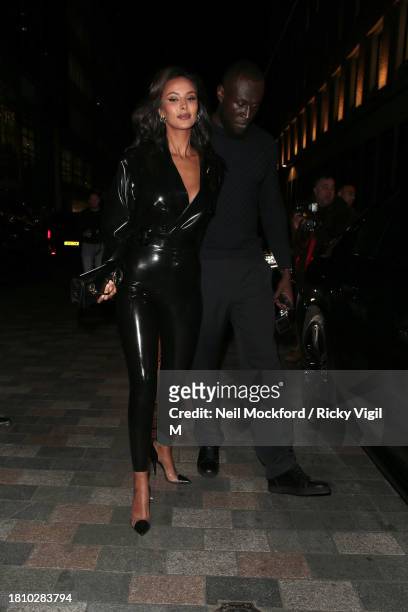 Maya Jama and Stormzy seen attending British Vogue's 2023 "Forces For Change" Party at The MAINE Mayfair on November 23, 2023 in London, England.