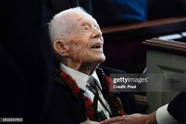 Former President Jimmy Carter departs after the funeral service for former first lady Rosalynn Carter at Maranatha Baptist Church on November 29 in...