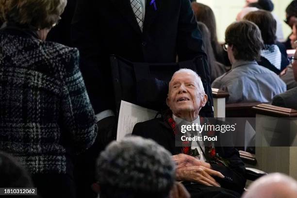 Former President Jimmy Carter departs after the funeral service for former first lady Rosalynn Carter at Maranatha Baptist Church on November 29 in...