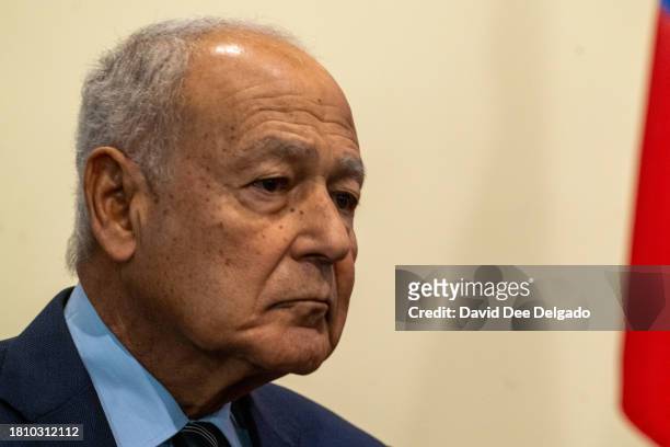 Ahmed Aboul Gheit, Secretary-General of the League of Arab States stands next to other leaders part of The Ministerial Committee assigned by the...