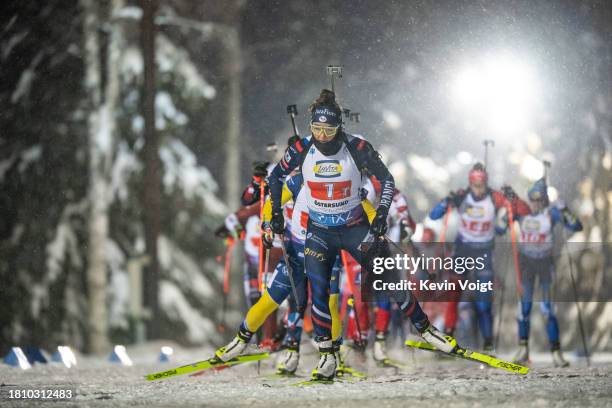 Lou Jeanmonnot of France in action during the Women 4x6 km Relay at the BMW IBU World Cup Biathlon Oestersund on November 29, 2023 in Ostersund,...