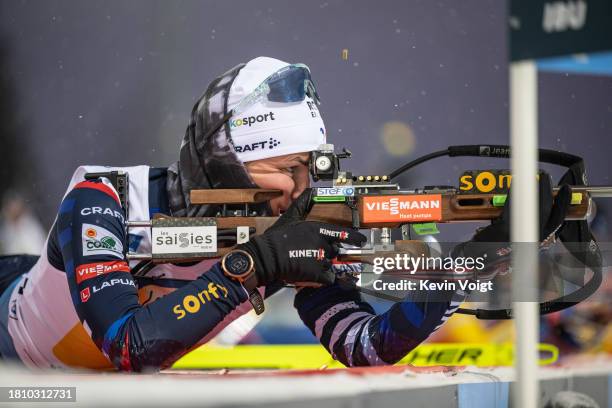 Justine Braisaz-Bouchet of France at the shooting range during the Women 4x6 km Relay at the BMW IBU World Cup Biathlon Oestersund on November 29,...