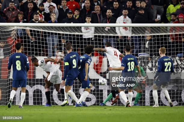 Sergio Ramos of Sevilla FC scores the 1-0 during the UEFA Champions League Group B match between Sevilla FC and PSV Eindhoven at the Estadio Ramon...