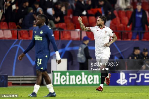 Sergio Ramos of Sevilla FC celebrates the 1-0 during the UEFA Champions League Group B match between Sevilla FC and PSV Eindhoven at the Estadio...