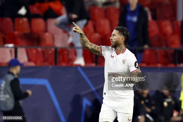 Sergio Ramos of Sevilla FC celebrates the 1-0 during the UEFA Champions League Group B match between Sevilla FC and PSV Eindhoven at the Estadio...