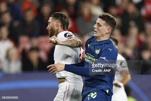 Sergio Ramos of Sevilla FC, Guus Til of PSV Eindhoven during the UEFA Champions League Group B match between Sevilla FC and PSV Eindhoven at the...