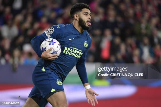 S Moroccan midfielder Ismael Saibari celebrates scoring his team's first goal during the UEFA Champions League first round group B football match...