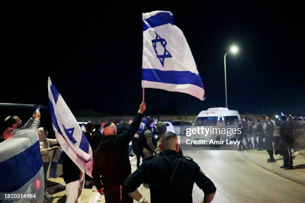 Van carrying two Israeli-Russian hostages who were released by Hamas from Gaza earlier this evening is seen on November 29, 2023 in Ofakim, Israel....