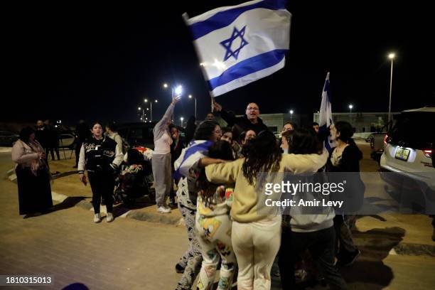Van carrying two Israeli-Russian hostages who were released by Hamas from Gaza earlier this evening is seen on November 29, 2023 in Ofakim, Israel....