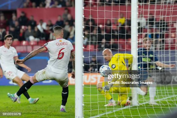Nemanja Gudelj of Sevilla makes a own goal 2-2 during the UEFA Champions League match between Sevilla v PSV at the Estadio Ramon Sanchez Pizjuan on...