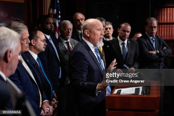 Rep. Chip Roy speaks during a news conference with members of the House Freedom Caucus at the U.S. Capitol November 29, 2023 in Washington, DC. The...