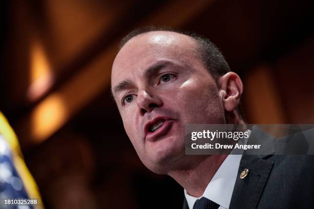 Sen. Mike Lee speaks during a news conference with members of the House Freedom Caucus at the U.S. Capitol November 29, 2023 in Washington, DC. The...