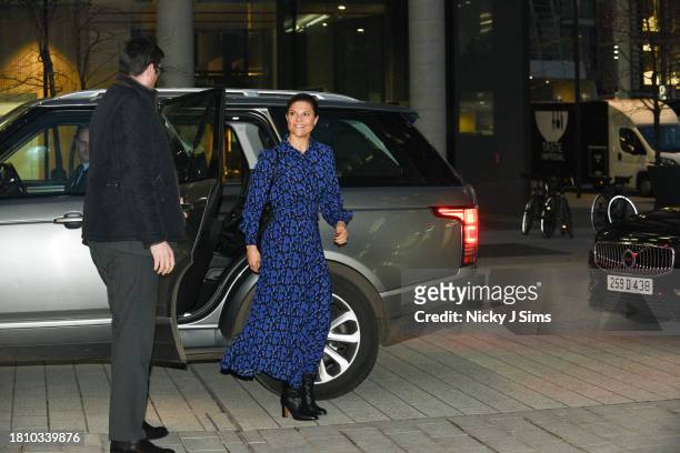 Crown Princess Victoria of Sweden and Crown Prince Daniel of Sweden are seen arriving for their visit to Imperial College Innovation Hub in Great...