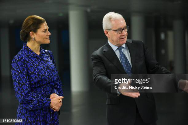 Crown Princess Victora of Sweden talks with Professor Hugh Brady, President of Imperial College inside the Molecular Sciences Research Hub during...