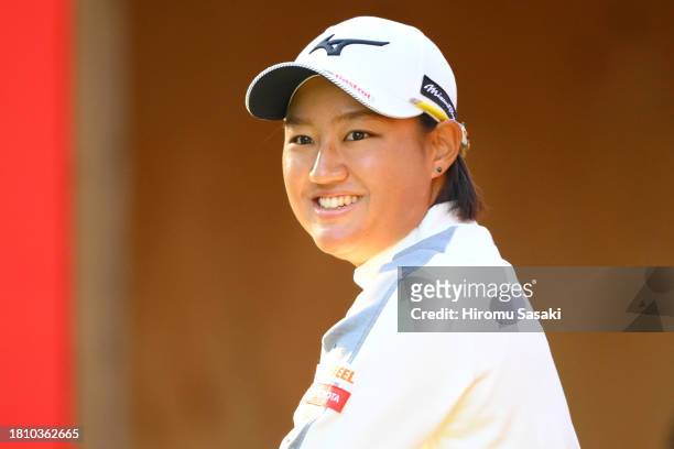 Mao Nozawa of Japan smiles on the 1st tee prior to the second round of JLPGA Tour Championship Ricoh Cup at Miyazaki Country Club on November 24,...