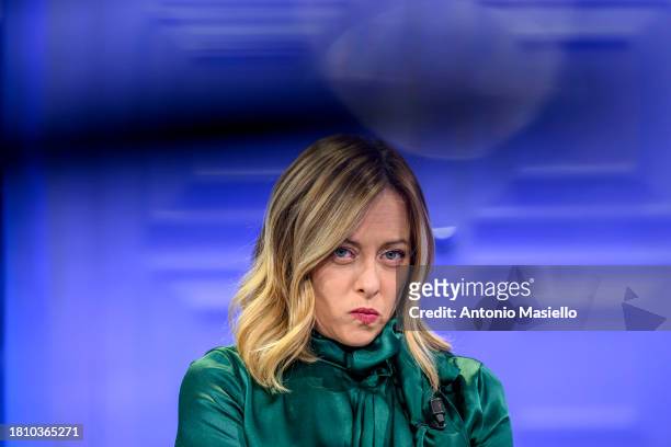 Italian Prime Minister Giorgia Meloni is seen on the set of the tv show "Porta A Porta" at Rai Studios on November 29, 2023 in Rome, Italy.