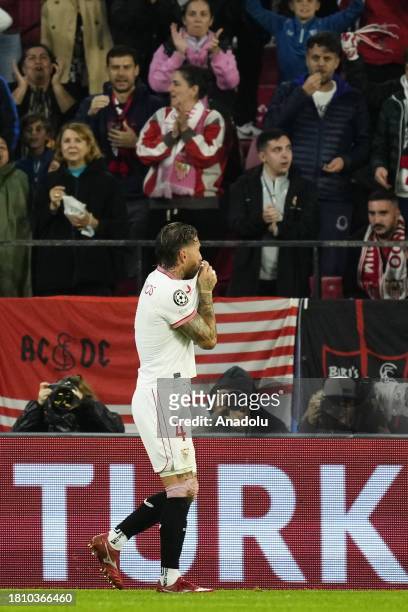 Sergio Ramos centre-back of Sevilla and Spain celebrates after scoring his sides first goal during the UEFA Champions League match between Sevilla FC...