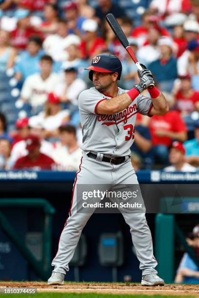 Jake Alu of the Washington Nationals in action against the Philadelphia Phillies during a game at Citizens Bank Park on August 10, 2023 in...