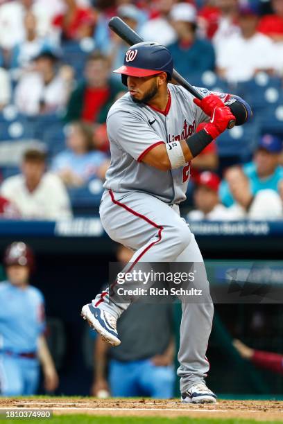 Keibert Ruiz of the Washington Nationals in action against the Philadelphia Phillies during a game at Citizens Bank Park on August 10, 2023 in...