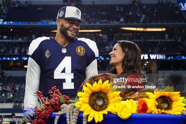 Dak Prescott of the Dallas Cowboys talks with CBS Sports reporter Tracy Wolfson in a post game interview following the game against the Washington...