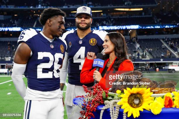 DaRon Bland of the Dallas Cowboys and Dak Prescott talk with CBS Sports reporter Tracy Wolfson in a post game interview following the game against...