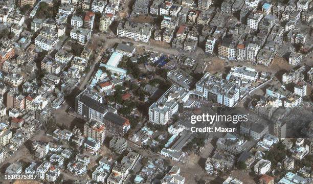 Maxar satellite imagery of the al Shifa Hospital in Gaza City, Gaza. Please use: Satellite image 2023 Maxar Technologies.