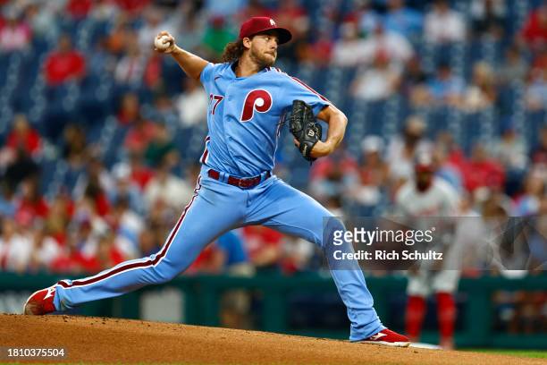 Aaron Nola of the Philadelphia Phillies in action against the Washington Nationals during a game at Citizens Bank Park on August 10, 2023 in...