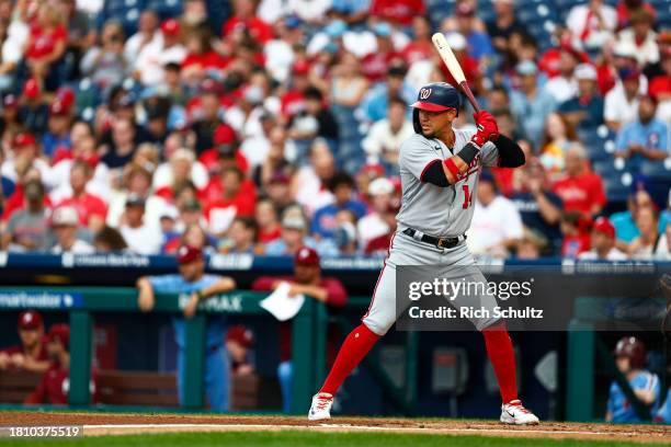 Ildemaro Vargas of the Washington Nationals in action against the Philadelphia Phillies during a game at Citizens Bank Park on August 10, 2023 in...