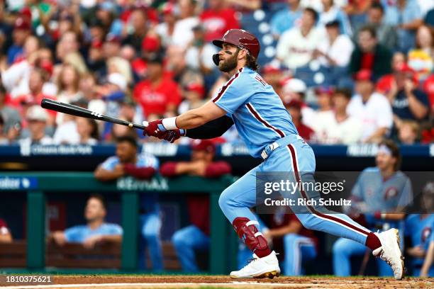 Bryce Harper of the Philadelphia Phillies in action against the Washington Nationals during a game at Citizens Bank Park on August 10, 2023 in...