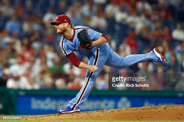 Craig Kimbrel of the Philadelphia Phillies in action against the Washington Nationals during a game at Citizens Bank Park on August 10, 2023 in...