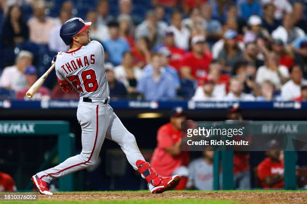 Lane Thomas of the Washington Nationals in action against the Philadelphia Phillies during a game at Citizens Bank Park on August 10, 2023 in...