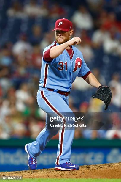 Craig Kimbrel of the Philadelphia Phillies in action against the Washington Nationals during a game at Citizens Bank Park on August 10, 2023 in...