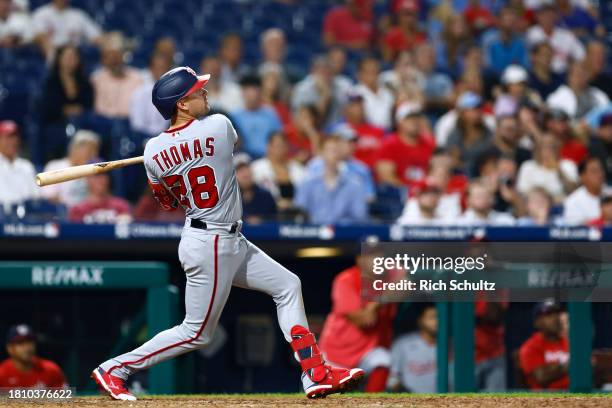 Lane Thomas of the Washington Nationals in action against the Philadelphia Phillies during a game at Citizens Bank Park on August 10, 2023 in...