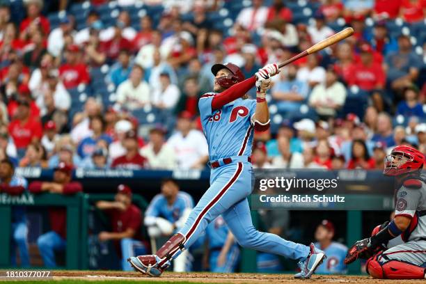 Alec Bohm of the Philadelphia Phillies in action against the Washington Nationals during a game at Citizens Bank Park on August 10, 2023 in...