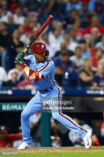Johan Rojas of the Philadelphia Phillies in action against the Washington Nationals during a game at Citizens Bank Park on August 10, 2023 in...