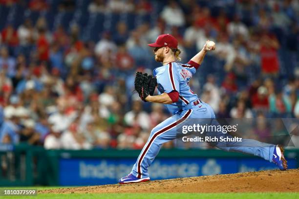 Craig Kimbrel of the Philadelphia Phillies in action against the Washington Nationals during a game at Citizens Bank Park on August 10, 2023 in...