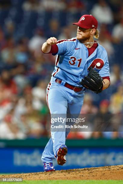 Craig Kimbrel of the Philadelphia Phillies in action against the Washington Nationals during a game at Citizens Bank Park on August 10, 2023 in...