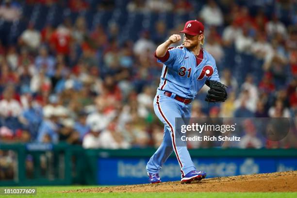 Craig Kimbrel of the Philadelphia Phillies in action against the Washington Nationals during a game at Citizens Bank Park on August 10, 2023 in...