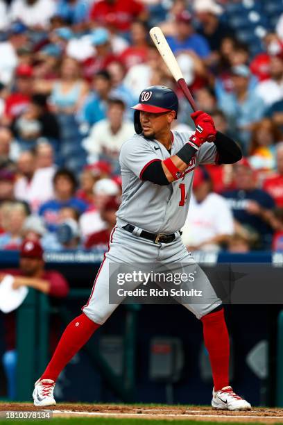 Ildemaro Vargas of the Washington Nationals in action against the Philadelphia Phillies during a game at Citizens Bank Park on August 10, 2023 in...