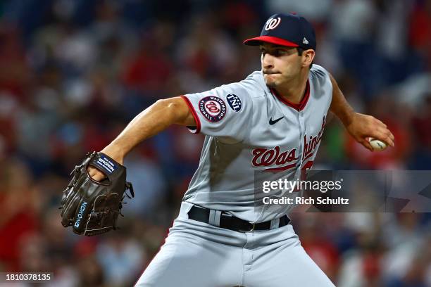 Joe La Sorsa of the Washington Nationals in action against the Philadelphia Phillies during a game at Citizens Bank Park on August 10, 2023 in...