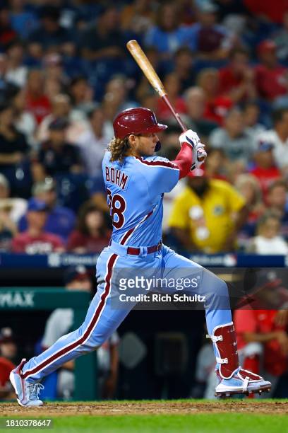 Alec Bohm of the Philadelphia Phillies in action against the Washington Nationals during a game at Citizens Bank Park on August 10, 2023 in...