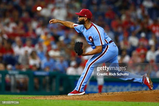 Seranthony Dominguez of the Philadelphia Phillies in action against the Washington Nationals during a game at Citizens Bank Park on August 10, 2023...