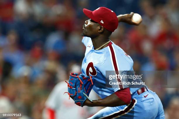 Yunior Marte of the Philadelphia Phillies in action against the Washington Nationals during a game at Citizens Bank Park on August 10, 2023 in...