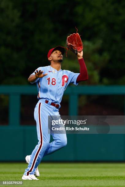 Center fielder Johan Rojas of the Philadelphia Phillies in action against the Washington Nationals during a game at Citizens Bank Park on August 10,...